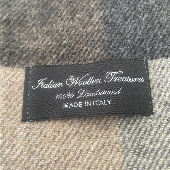Italian Woolen Treasures Wool Scarf Shawl Pure Lambswool Brown Grey Check Unisex - Picture 6 of 8